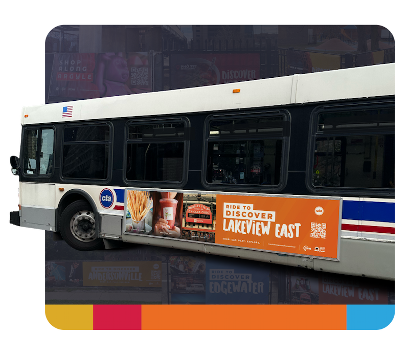 A bus with a sign promoting area businesses