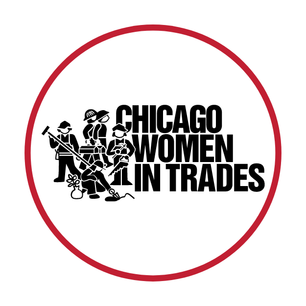 The logo of Chicago Women in Trades - the left side of the logo features a simple illustration of a group of trade workers with the name on the left. 