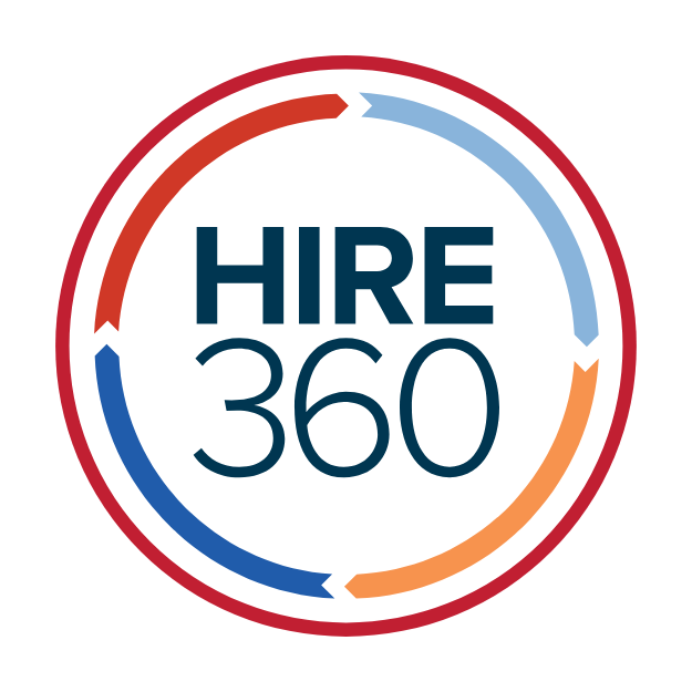 The logo of Hire 360 -  a simple logo stating the name surrounded by a colored circle