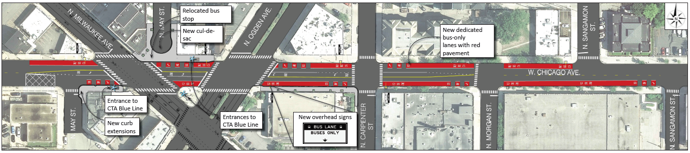 Overview of street changes being made along Chicago Avenue between Sangamon and May