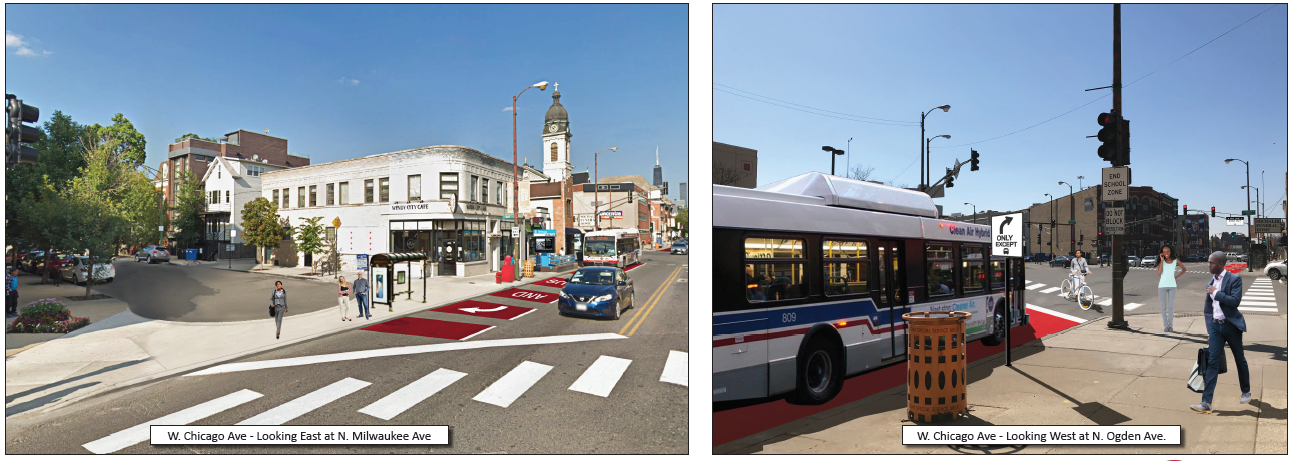 Artist renderings of enhanced bus lanes and pedestrian waiting areas at the Chicago/Milwaukee/Ogden intersection.