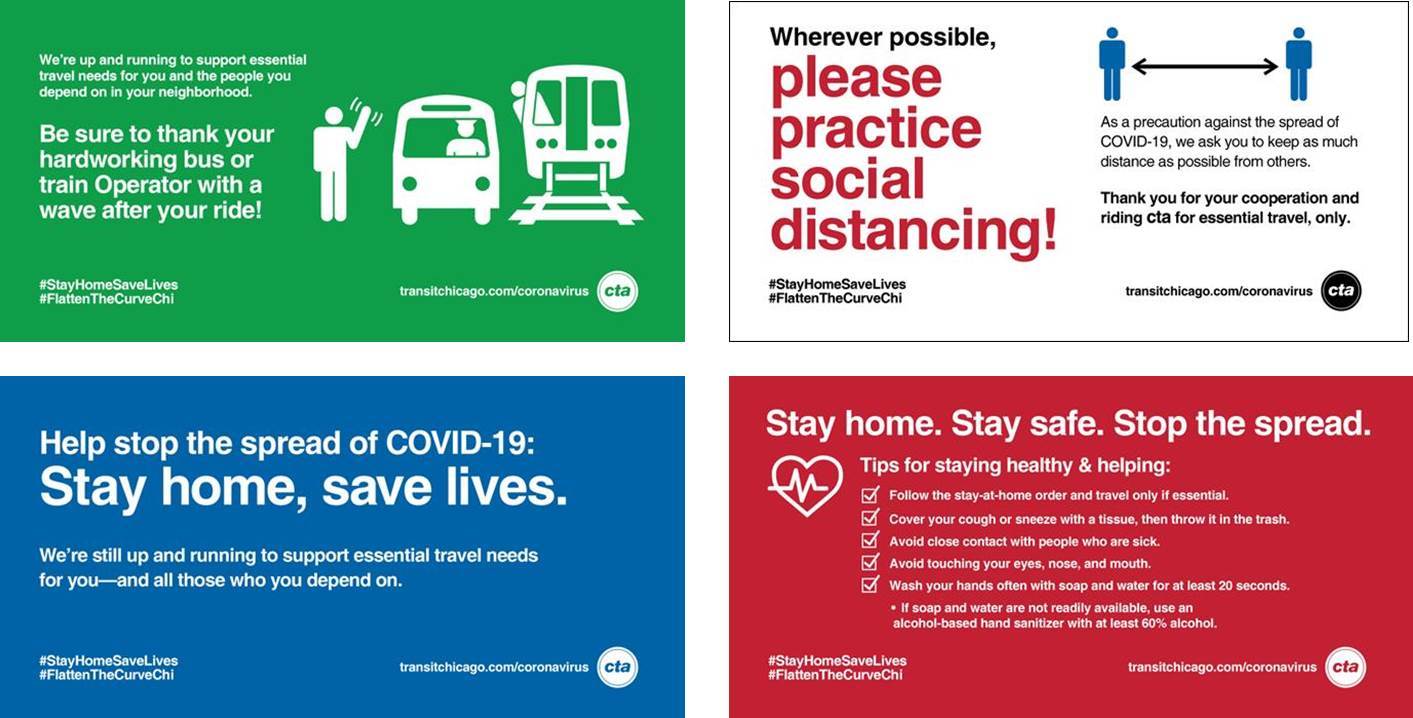 Collage of tips encouraging riders to: Only go out for essential trips. Thank your bus or train operator. Practice social distancing.