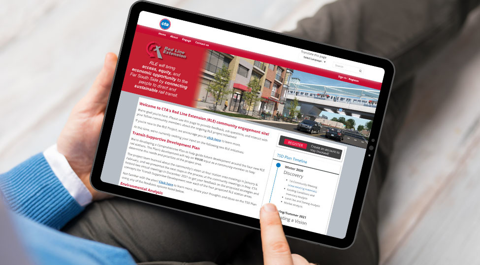 Man with a tablet on his lap displaying the RLE Engagement Website