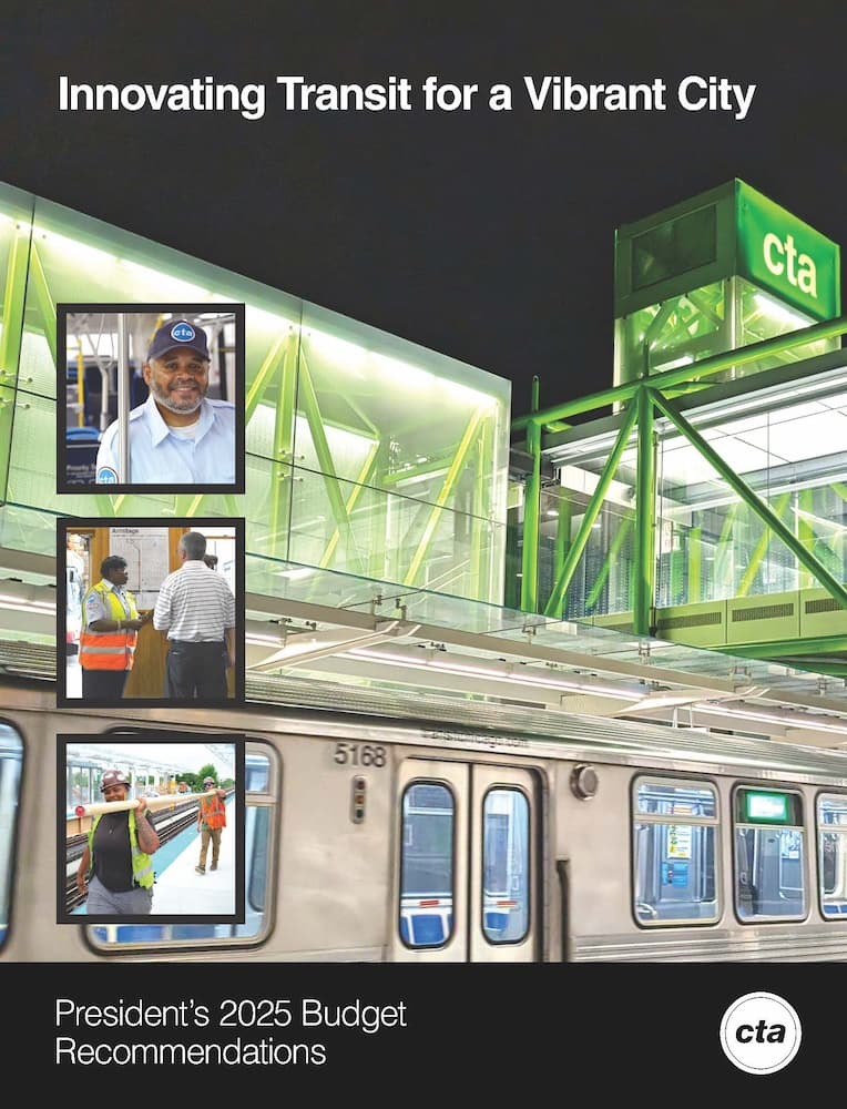 Cover of the 2025 budget book, featuring employees and the new Damen Green Line station.