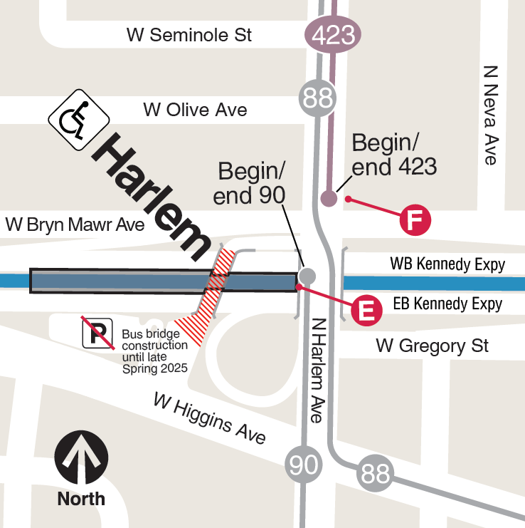 Harlem Blue Line (O'Hare Branch) Bus Bridge reconstruction Service Map