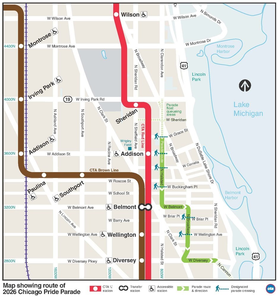 Map showing the relationship between 'L' stations at Sheridan, Addison, Belmont, Wellington and Diversey and the parade route from the intersection of W Sheridan/Broadway (south of Irving) that runs south via Halsted, Belmont, Broadway and Diversey into Lincoln Park.