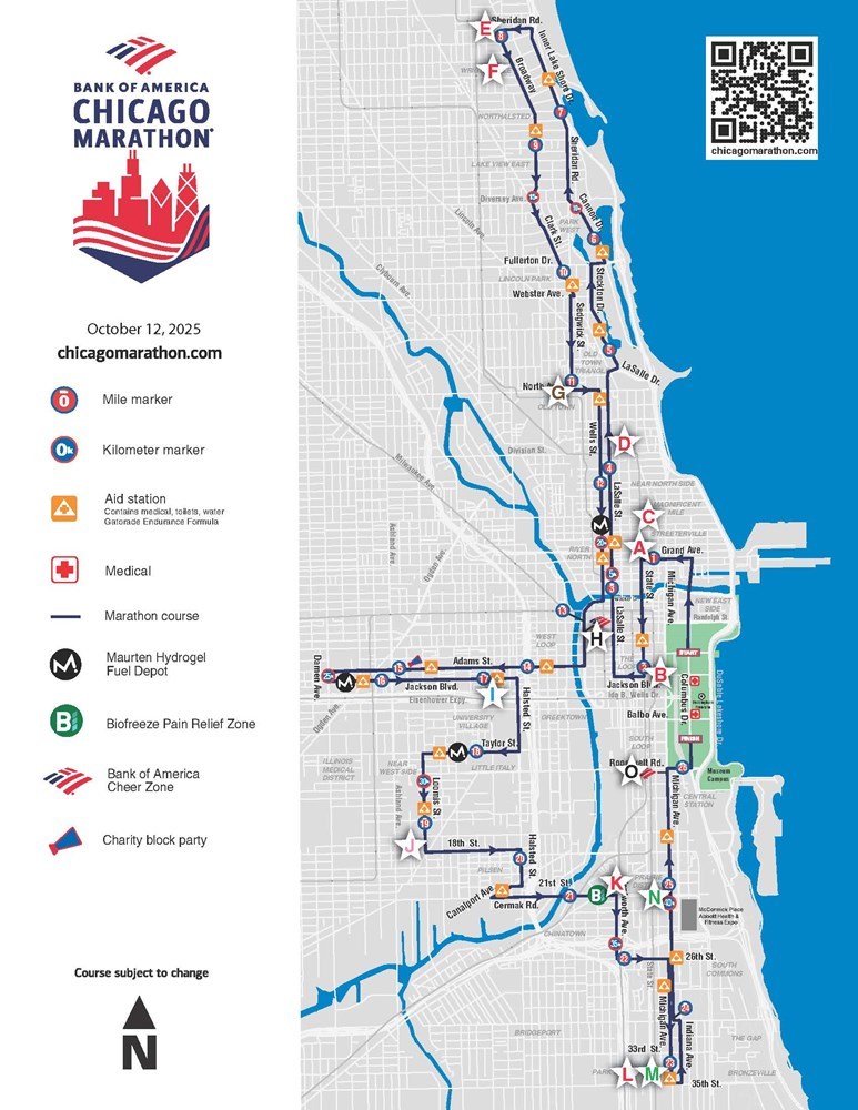 Marathon course map with stars for stations good for watching