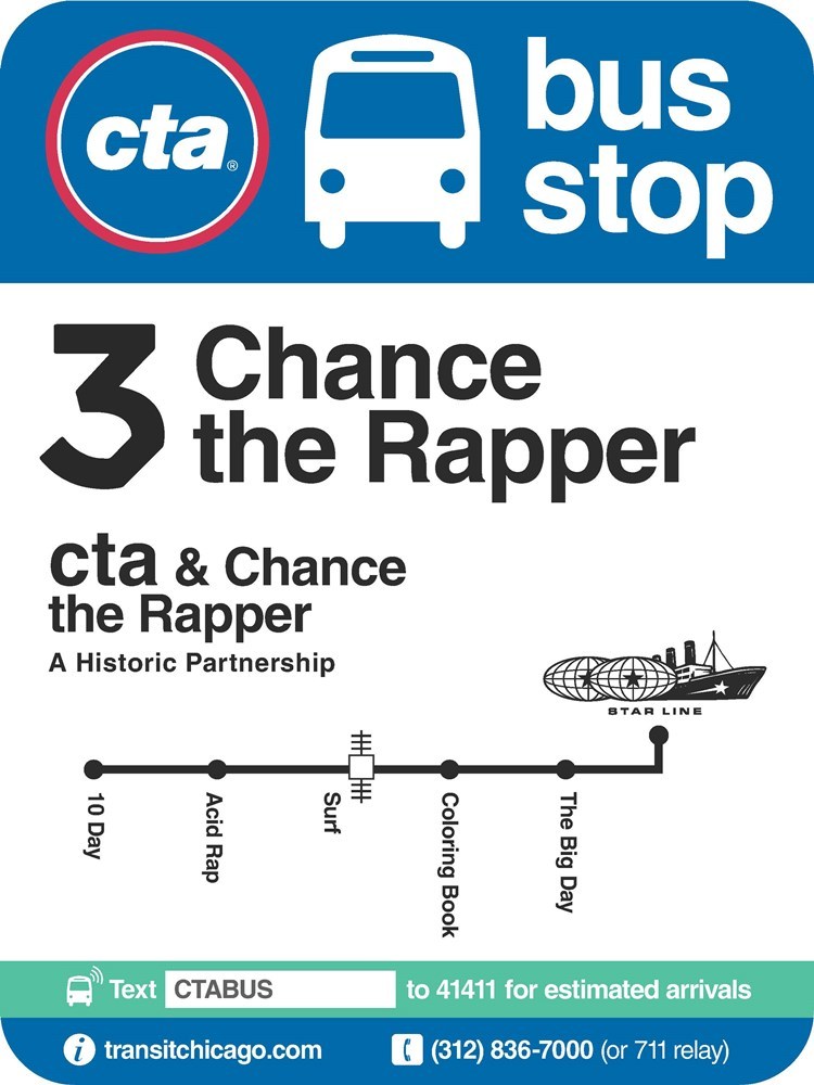 Bus stop sign that reads Route 3 Chance the Rapper