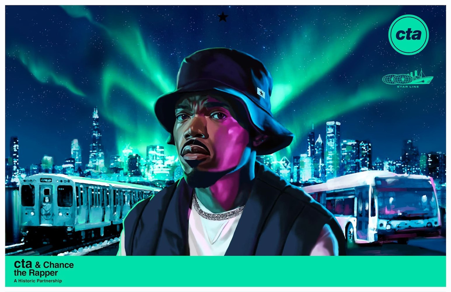 Chance flanked by a train and a bus