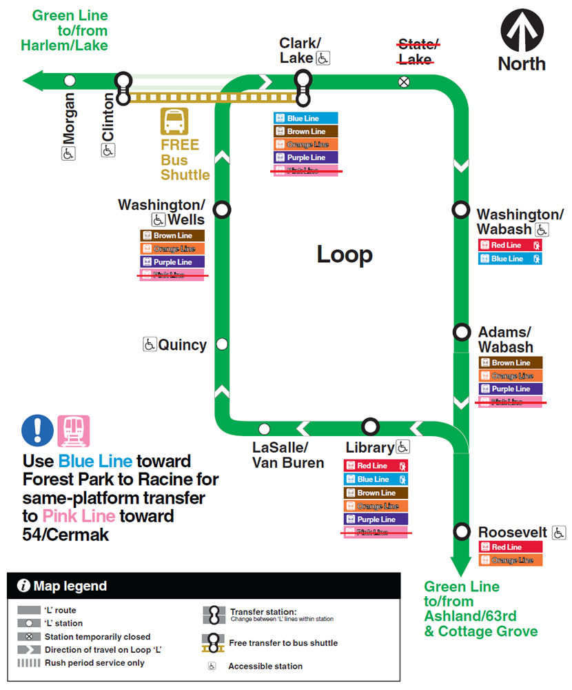 Map of Green Line service to and from the South Side