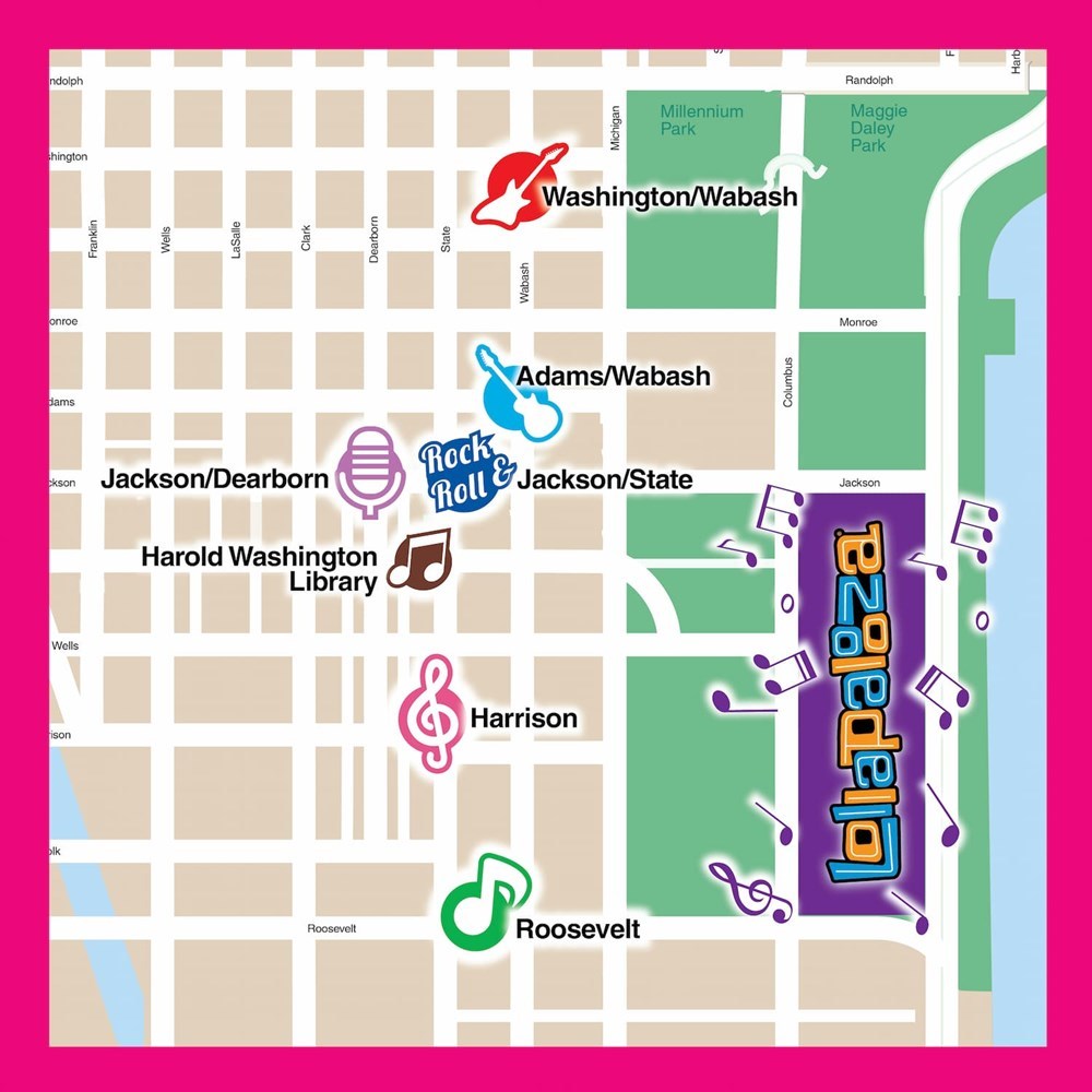 Map of the area around Lollapalooza showing train stations.