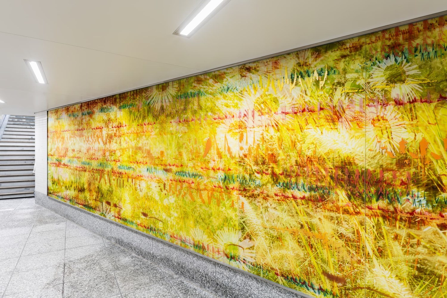 Yellow depiction of sound frequency stretching the entire length of a hallway.
