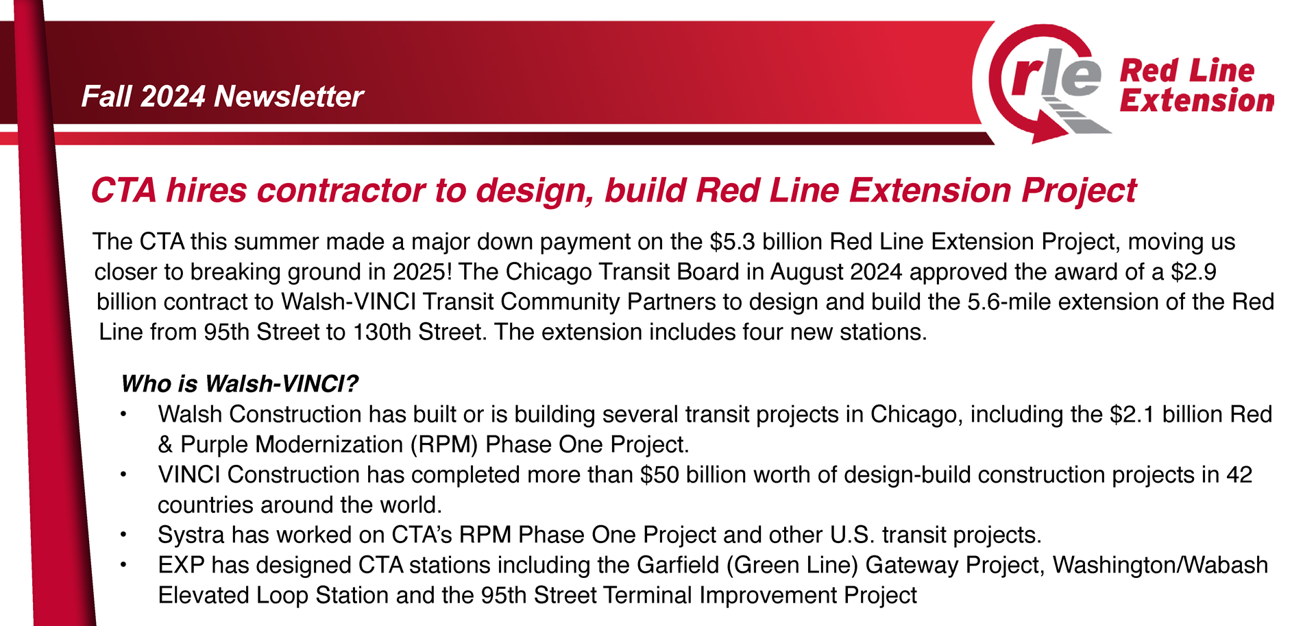 The top portion of the Fall 2024 RLE Newsletter previewing content featuring RLE design-build contractor Walsh-VINCI