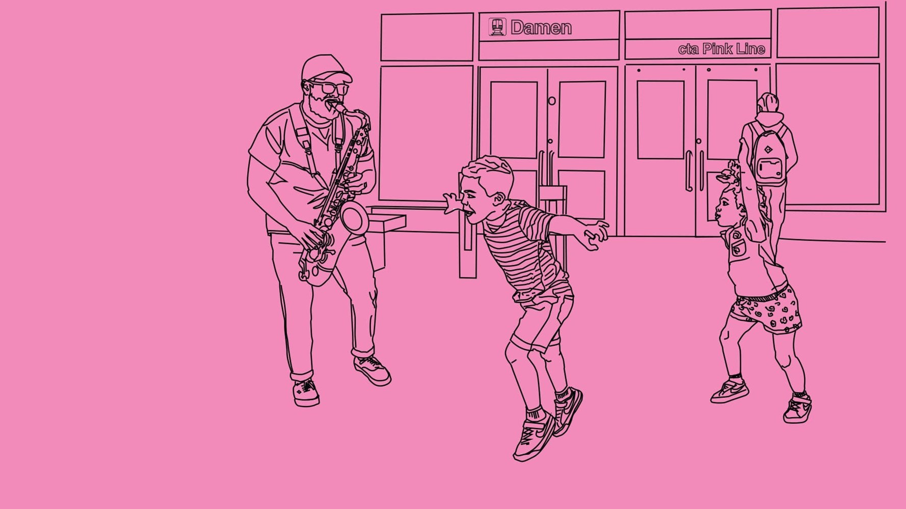 Art In Motion. Line drawing of saxophone player with kids dancing at Polk Pink Line station. Logo: CTA All In.
