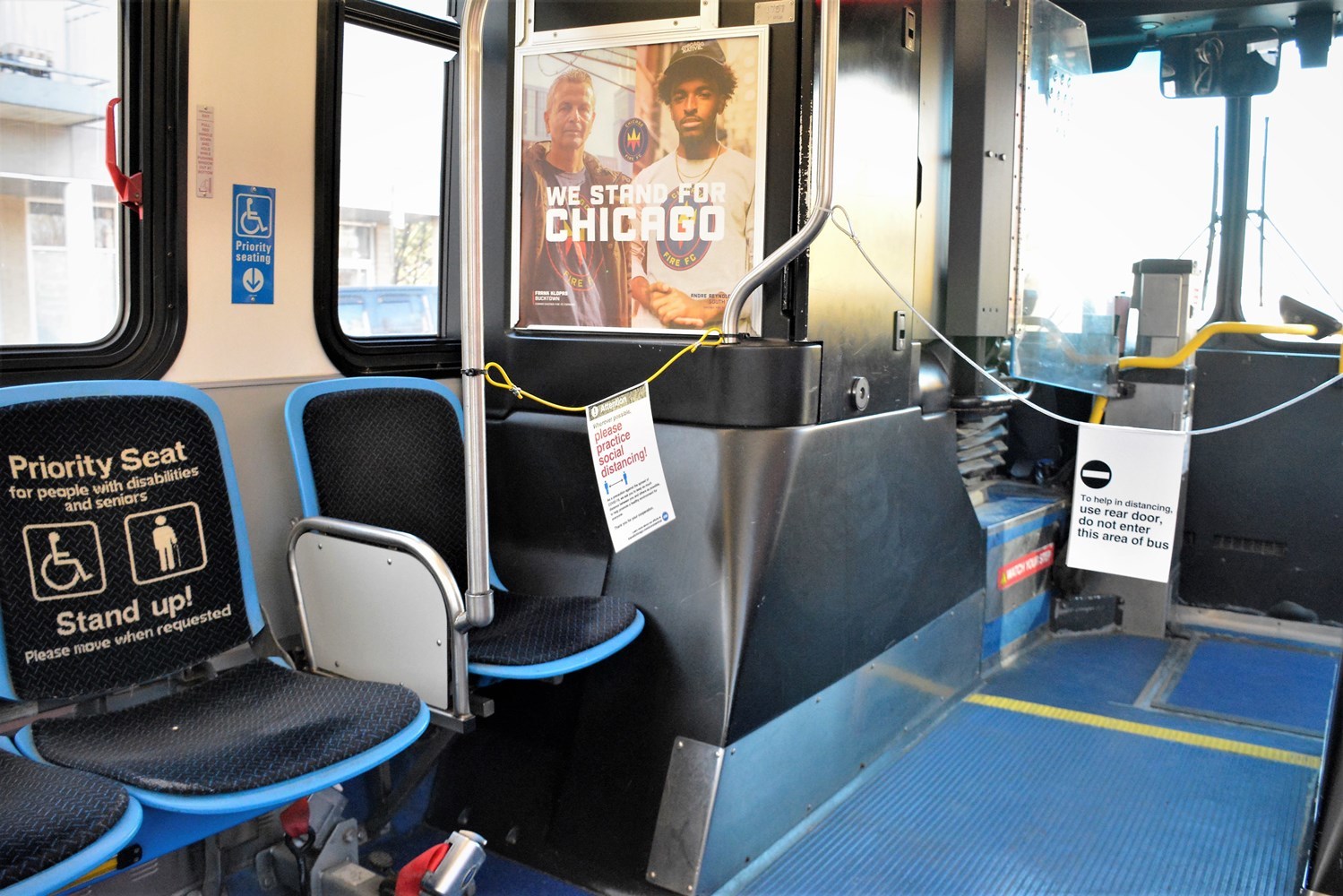 To better protect our bus operators we've roped off the area closest to the driver's seat.