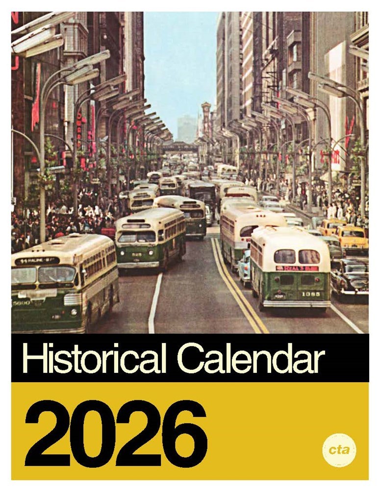 Cover of 2026 historical calendar featuring vintage green CTA buses