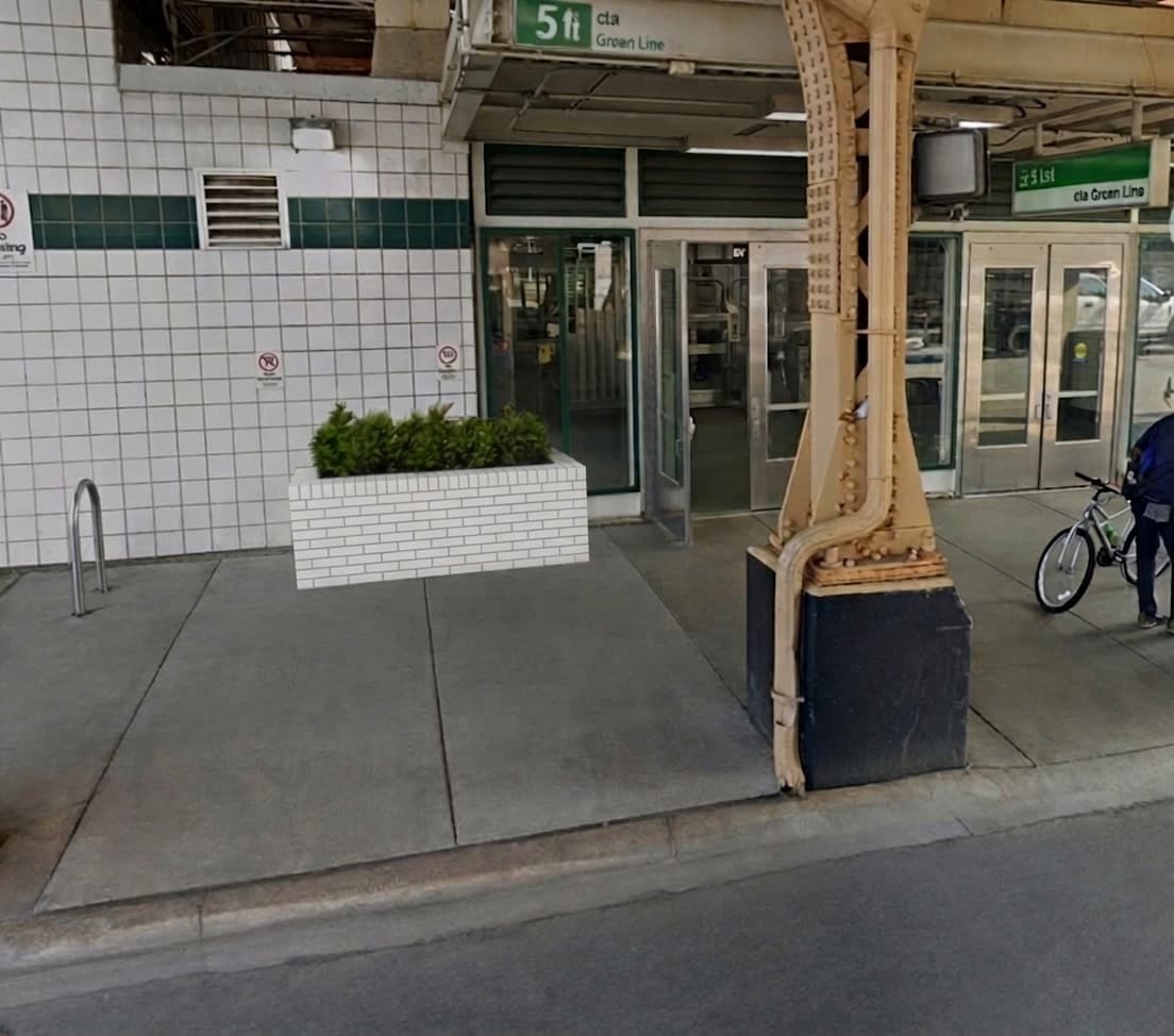 Rendering of a planter with greenery outside the door of the 51st Green Line station.