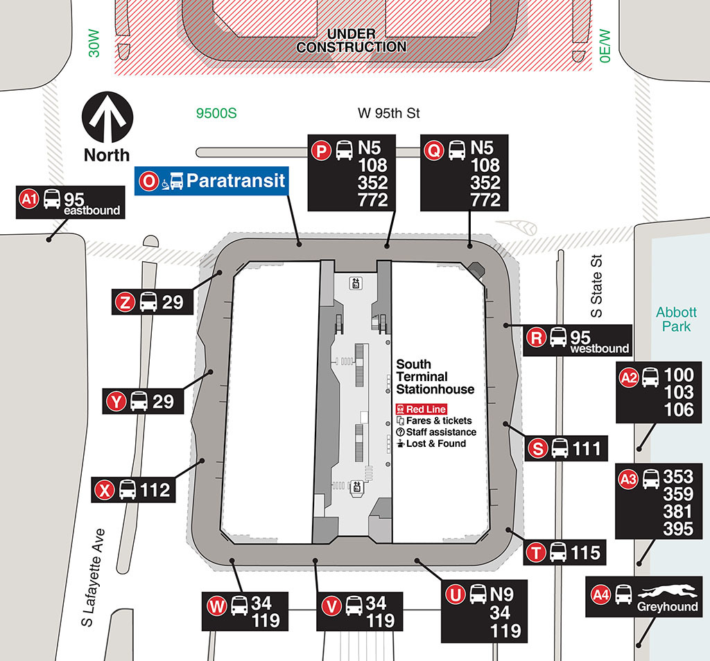 Map of 95th/Dan Ryan South Terminal, showing where each route boards at the new terminal.