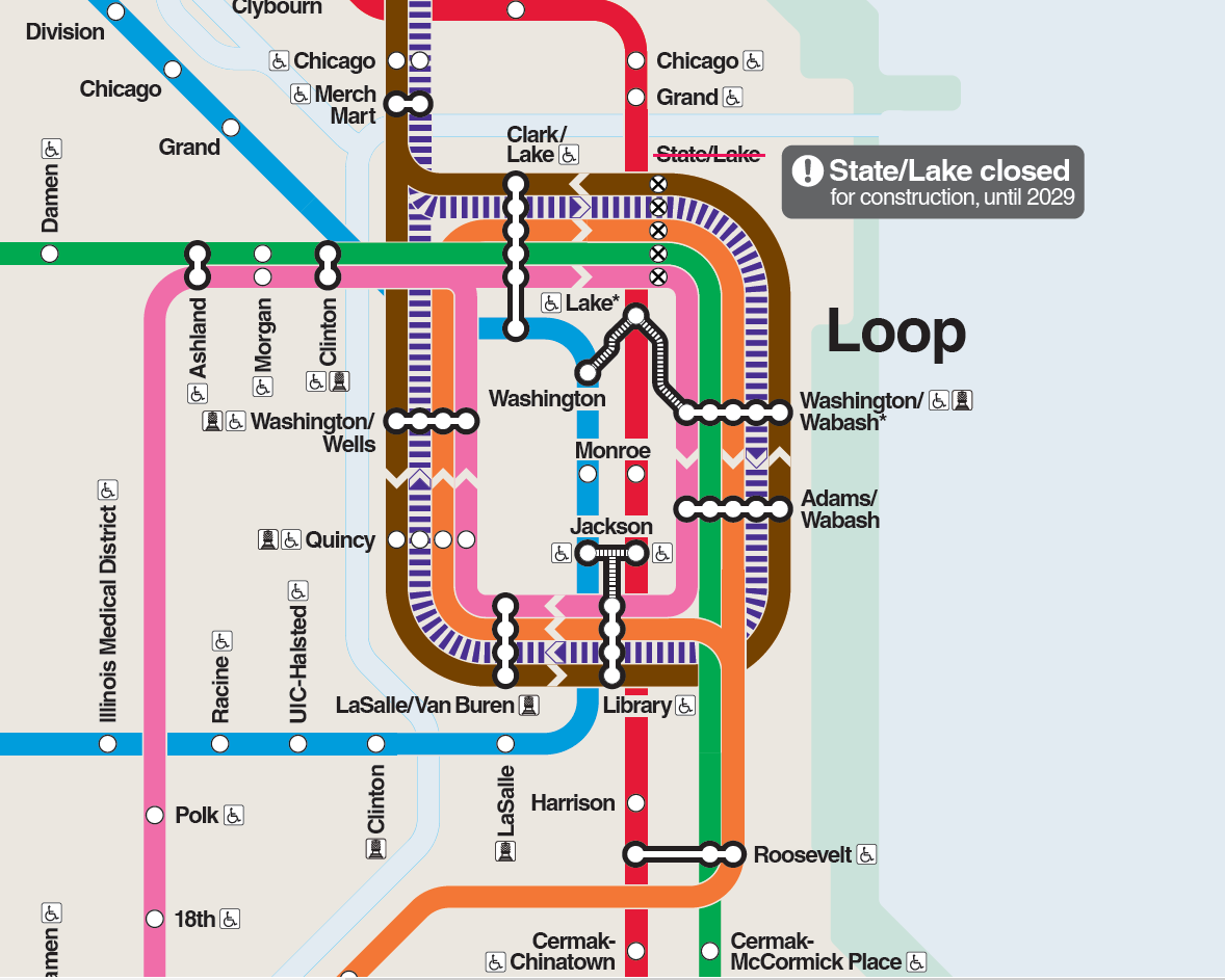 Loop Elevated Map showing closure of State-Lake and alternative service options