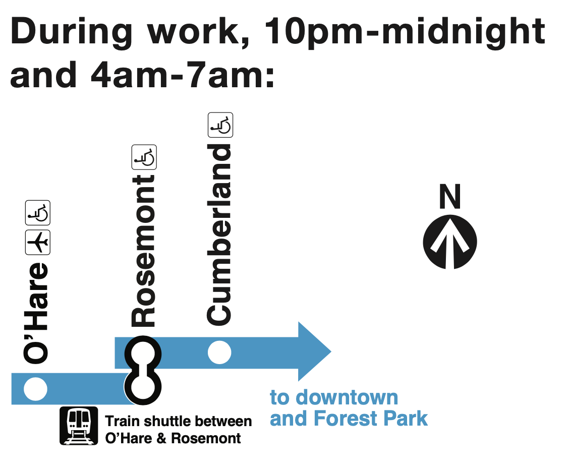 A map shows the blue line Rosemont to O'Hare train shuttle connection at Rosemont Blue Line station