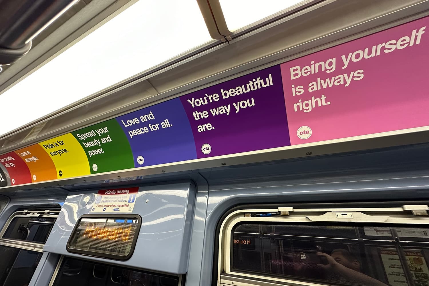 A collection of inspirational messages inside a train car